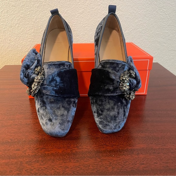 NIB Anthropologie Bill Blass Velvet Leather Blue Crystal Loafers - Picture 3 of 8
